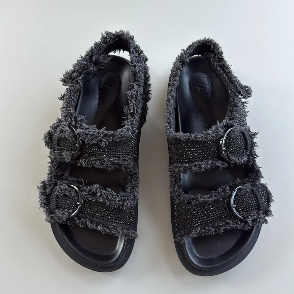 Zara Black Dad Sandals with Rhinestones – Size 39 - Picture 2 of 11